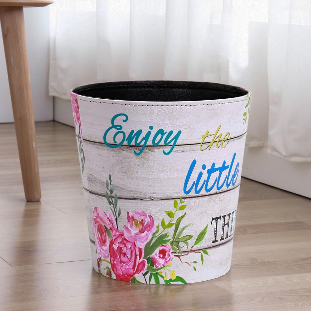 PU Leather Small Trash Can Wastebasket, Round Garbage Container Basket for Bathrooms, Laundry Room, Kitchens, Offices, Kids Rooms, Bedrooms,Dorms,Home Decorative Art Bin, 2.9 Gallon(Floral)