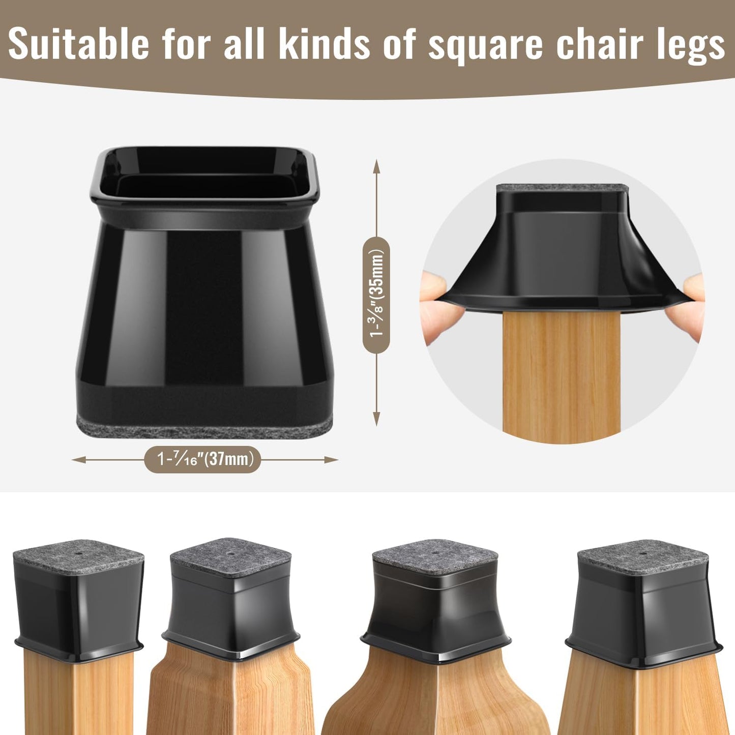 BUMACO Chair Leg Floor Protectors Square Chair Leg Protectors for Hardwood Floors 20Pcs Silicone Covers to Protect Floors Square (Black-L Fit 1-1/16" to 1-5/8")