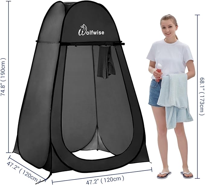 WolfWise Portable Pop Up Privacy Shower Tent, Spacious Changing Room, Dressing Room, Sun Sunshade Canopy Outdoor Rain Shelter, Backpack Privacy Shelters for Camping, Hiking, Beach, Toilet, Black