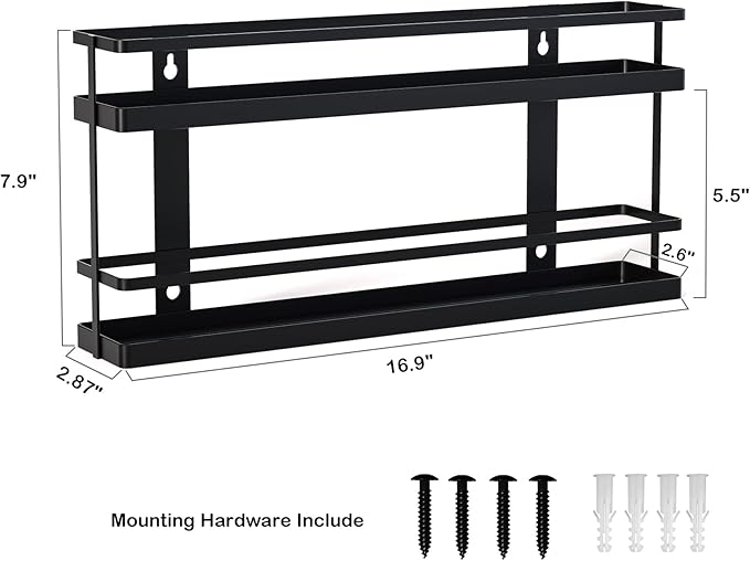 New England Stories Spice Rack Organizer with 18 Empty Square Spice Jars, 386 Spice Labels with Chalk Marker and Funnel Complete Set, for Countertop, Wall Mount or Cabinet Pantry Door, Black
