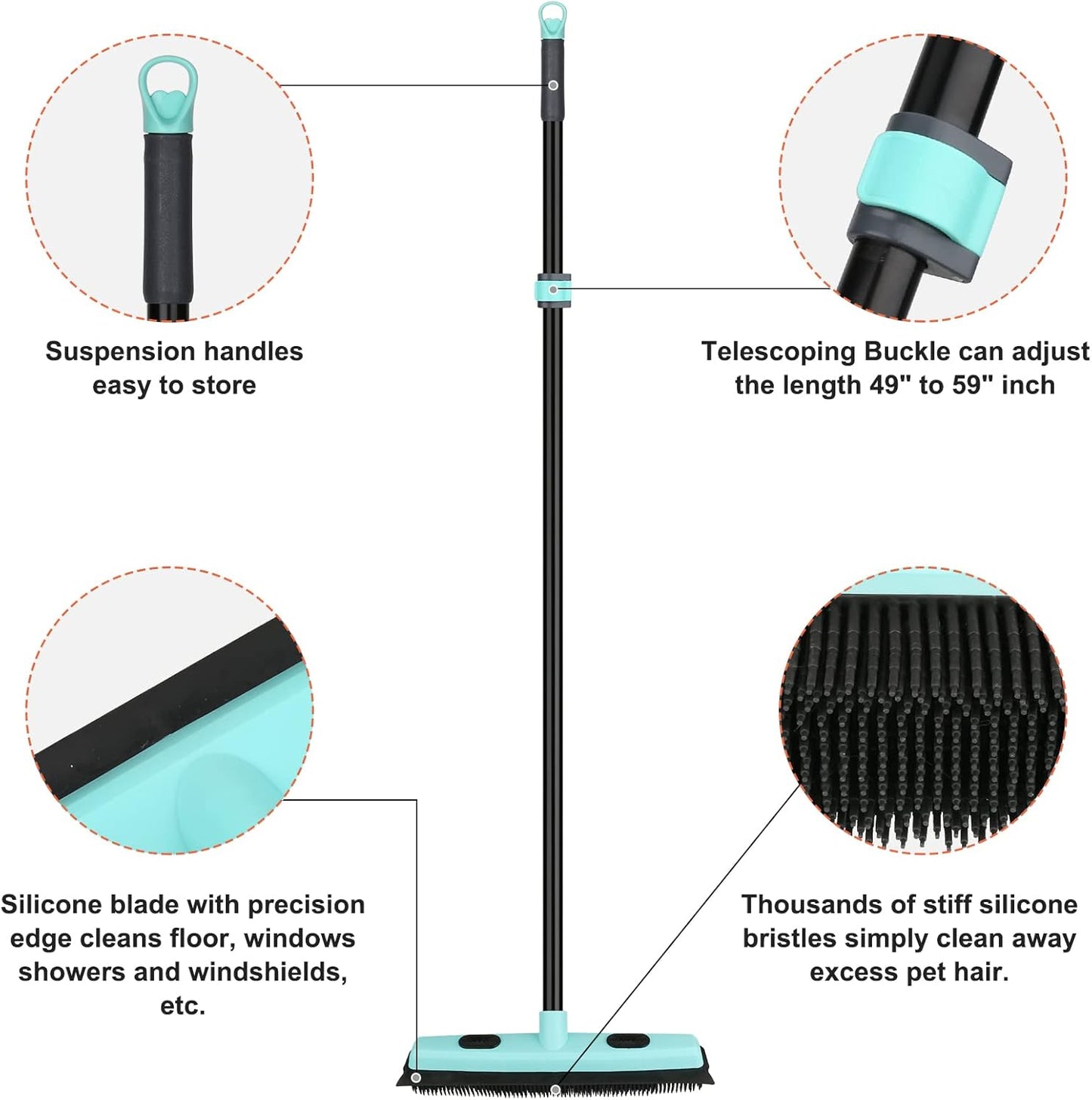 Rubber Broom Carpet Rake for Pet Hair Removal, Fur Remover Broom with 59" Telescoping Long Handle, Pet Hair Broom with Squeegee for Carpet, Hardwood Floor, Tile