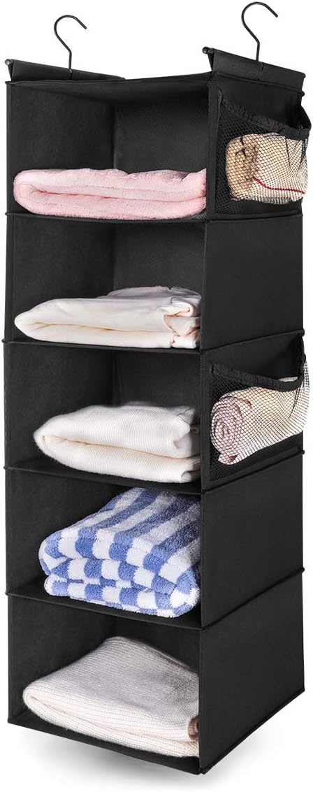 MAX Houser 5-Shelf Hanging Closet Organizer,Space Saver, Cloth Hanging Shelves with 4 Side Pockets,Foldable, Black