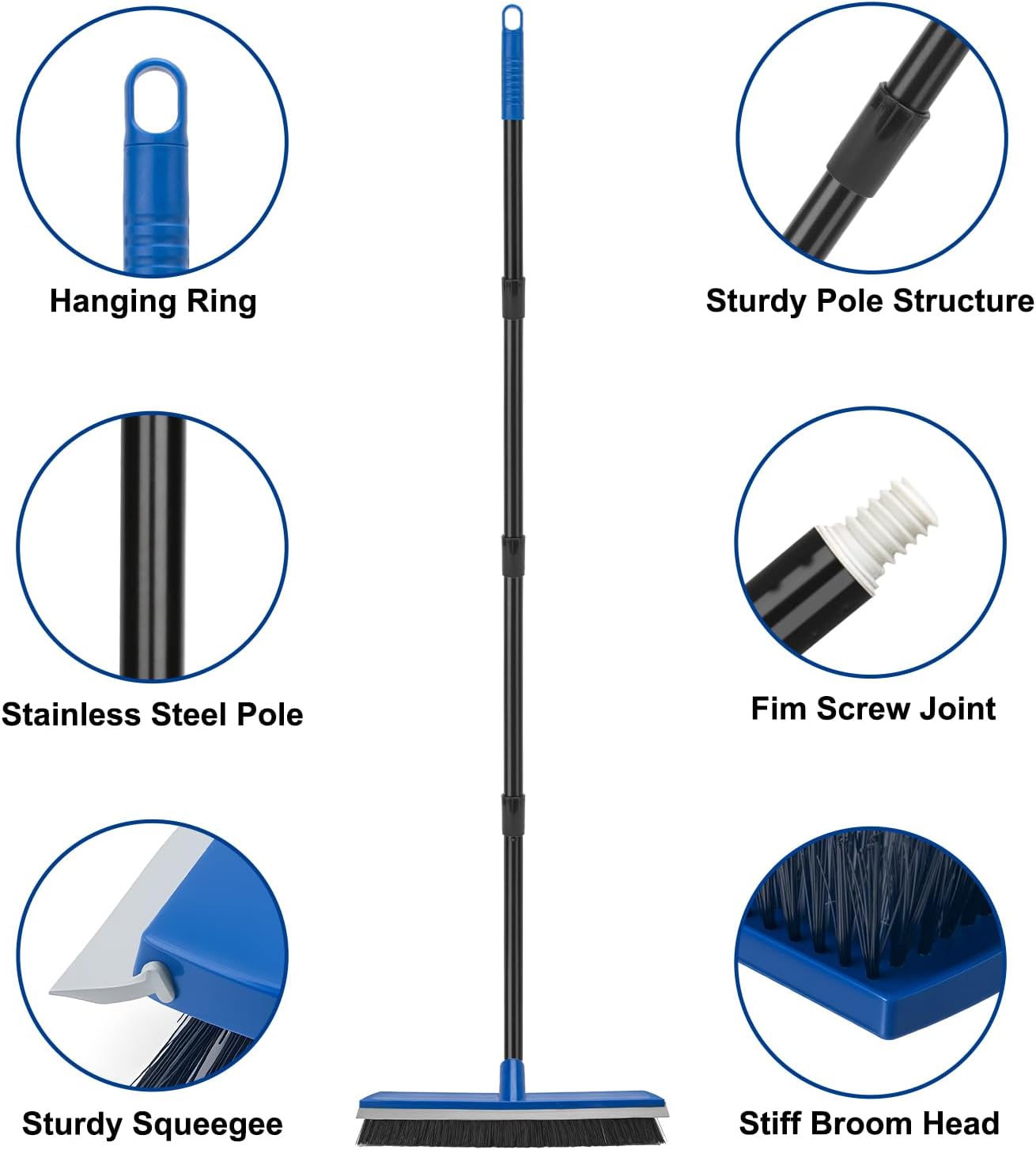 16 Inch Push Broom Outdoor 2 in 1 with Rubber Squeegee and Stiff Bristle Deck Brush 58" Long Handle for Deck Patio Garage Warehouse Driveway Concrete Floor Cleaning Scrubbing(Blue)