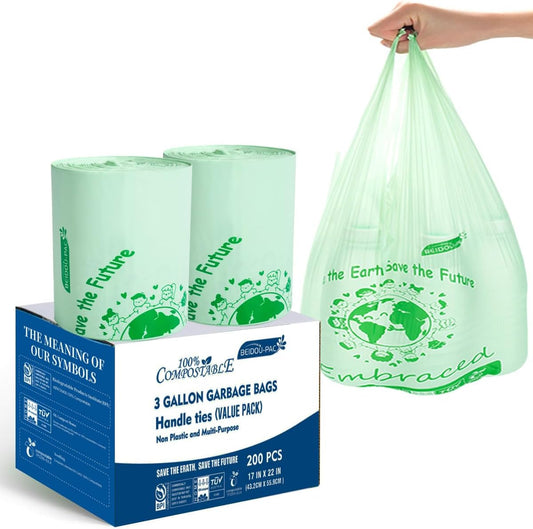 100% Compostable Trash Bags, 3 Gallon Compost Bags Small Kitchen Trash Bags with Handle, 200 Count Sturdy Biodegradable Garbage Bags Food Scrap Waste Bags, ASTM D6400, US BPI Certified