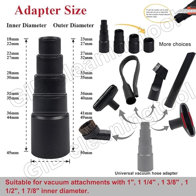 10 Pcs Vacuum Attachments Fit for Shop Vac Accessories - 1 7/8" to 1" Vacuum Hose Adapter, 1 1/4 inch Vacuum Extension Wand, 1 1/4" Vacuum Cleaner Accessories Brush Kit, Flexible Crevice Tool