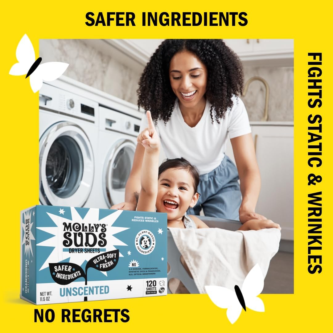 Molly's Suds Fabric Softener Dryer Sheets for Sensitive Skin | Plant-Based Static Reducer, Plastic-Free Packaging | Bundle of 2, Unscented (240 Sheets Total)