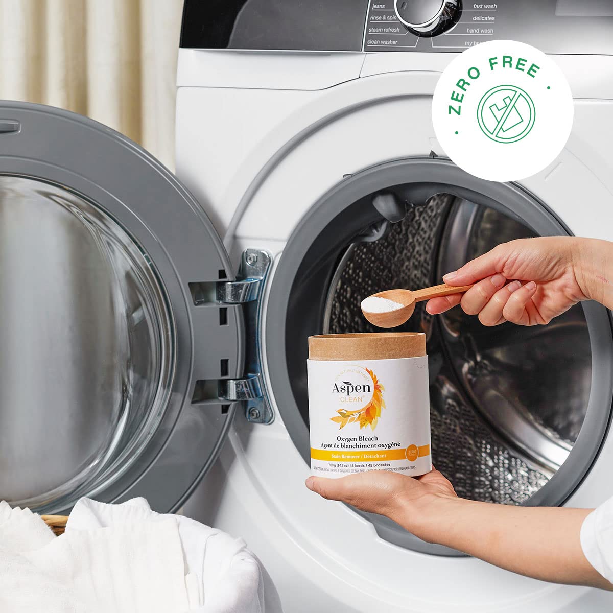 Unscented Oxygen Bleach Powder and Color Safe Stain Remover by AspenClean, Zero plastic, EWG Verified™, Vegan, Non-Bio, Hypoallergenic, Bleach Alternative - 45 Loads