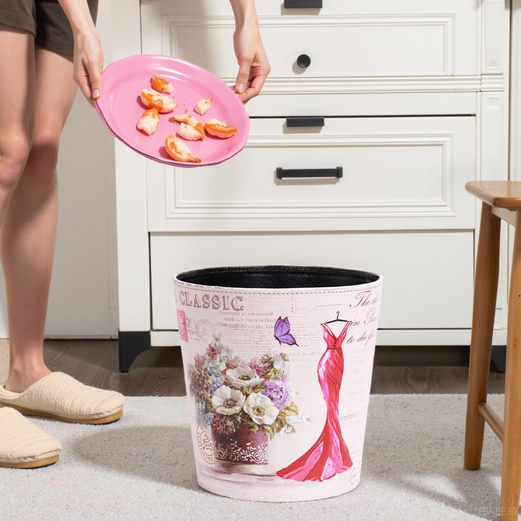 PU Leather Small Trash Can Wastebasket, Round Garbage Container Basket for Bathrooms, Laundry Room, Kitchens, Offices, Kids Rooms, Bedrooms,Dorms,Home Decorative Art Bin, 2.9 Gallon(Red Dress)