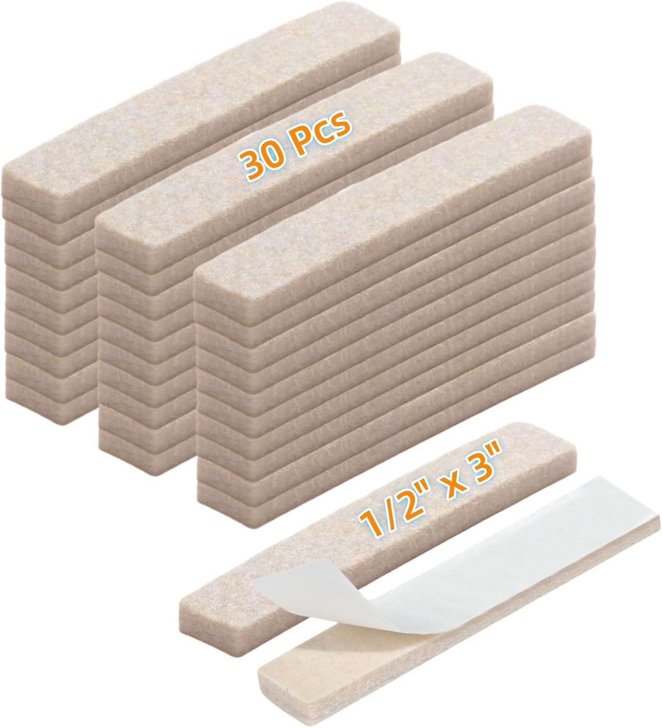 Furnigear Felt Strips with Adhesive Backing for Furniture - Felt Furniture Pads for Hardwood Floors, Furniture Chair Feet Felt Pads, Furniture Floor Protector Sliders 30 Pcs 3 x 1/2" Rectangular Beige