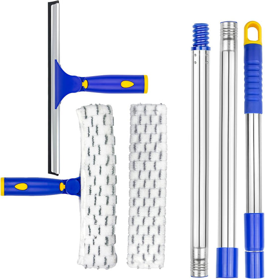 ‌ITTAR Window Squeegee Cleaner Kit, 5Ft Extendable Stainless Steel Pole with Rotatable Rubber Squeegee & 2 Microfiber Scrubber Pads, Professional Window Cleaning Tool for Home, Shower, Car, Windshield