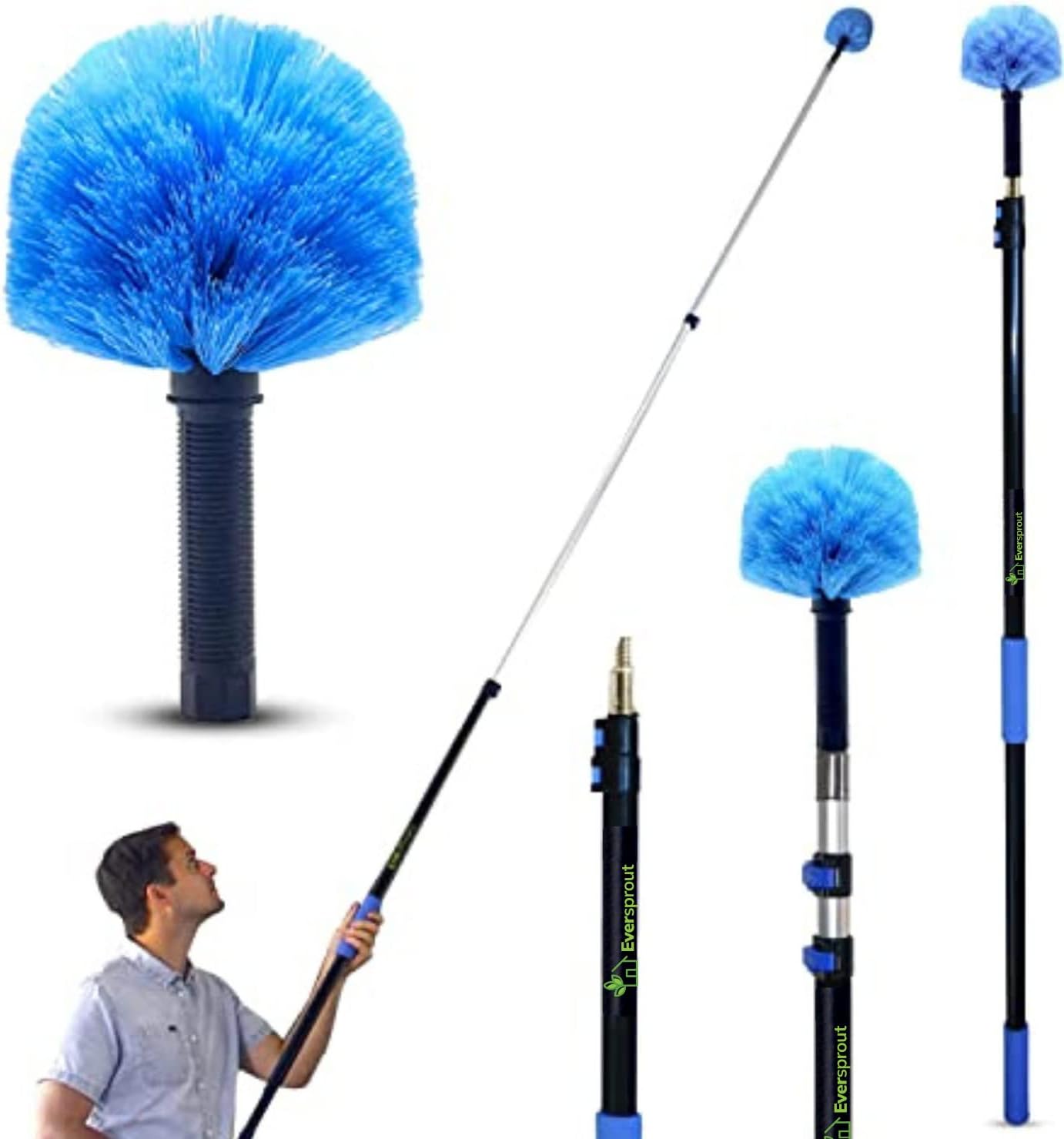 EVERSPROUT 5-to-12ft Telescoping Durable Duster with Extension Pole – Lightweight 3 Stage Cobweb Duster – Extendable to 20ft Reach for Cleaning High Ceilings and Spider Webs