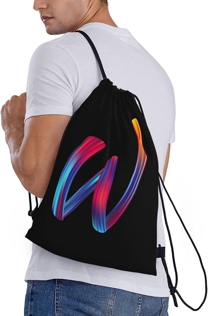 Drawstring Bags Initial Drawstring Backpack Sackpack Black Draw String Cinch Bags for Sports, Gym, Travel, Swimming, Beach, Camping, Rainbow Letter W