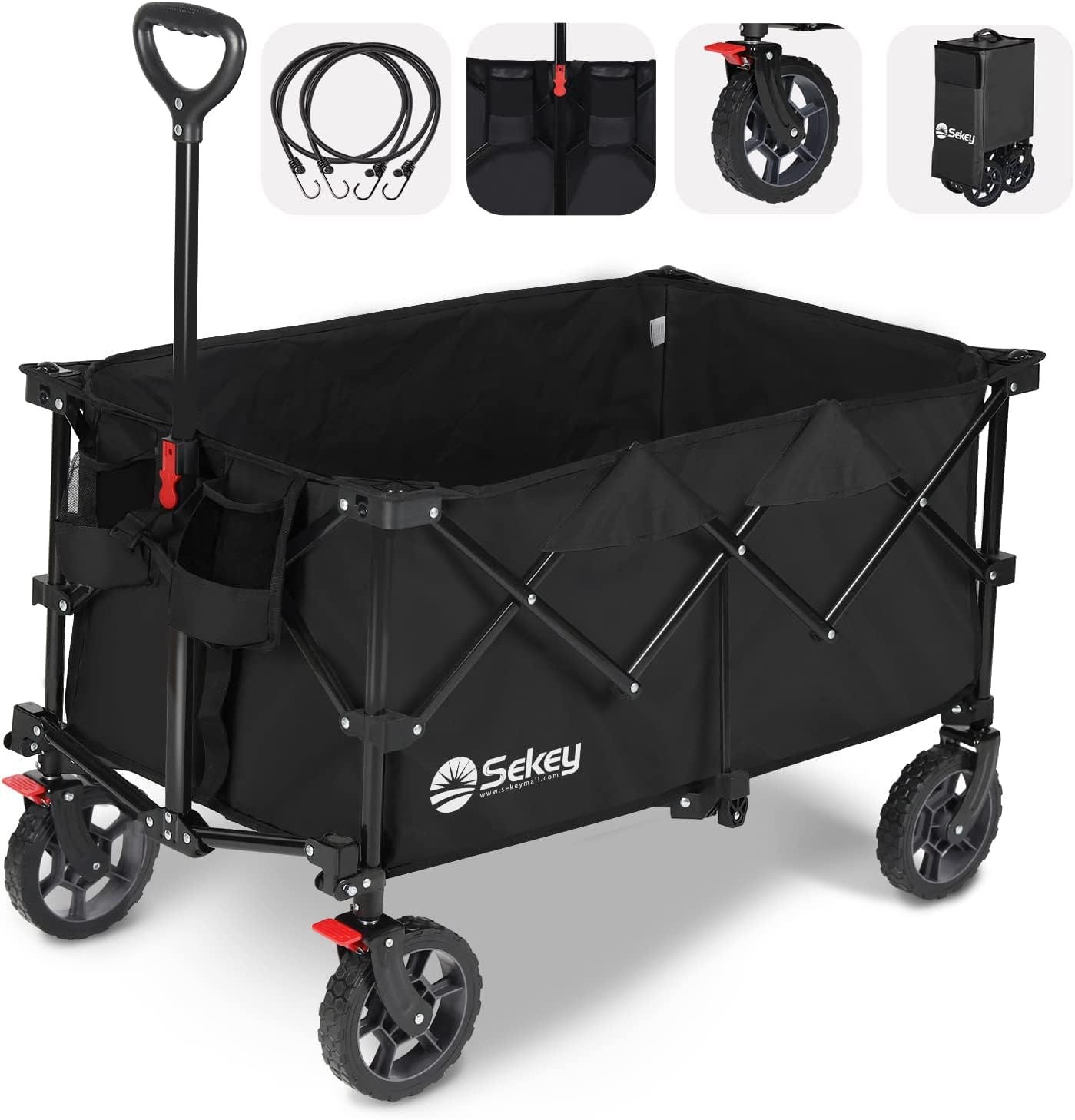 Sekey 220L Collapsible Foldable Wagon with 330lbs Weight Capacity, Heavy Duty Folding Wagon Cart with Big All-Terrain Wheels & Drink Holders (Black)