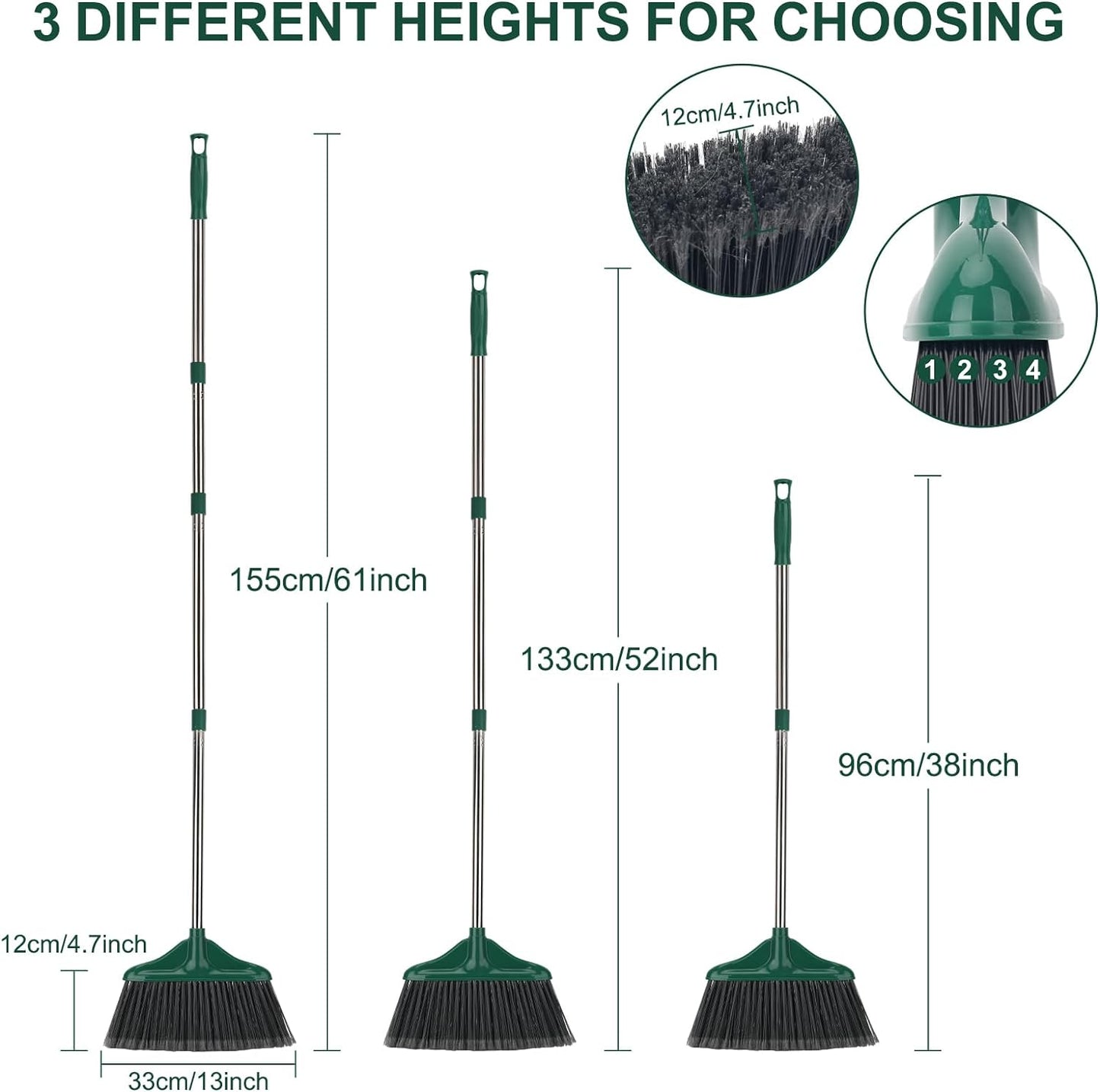 4 PCS Heavy Duty Broom Outdoor/Indoor Commercial Broom with 61" Long Handle,Perfect for Home Garage Kitchen Office Lobby Room Floor,Black and Green