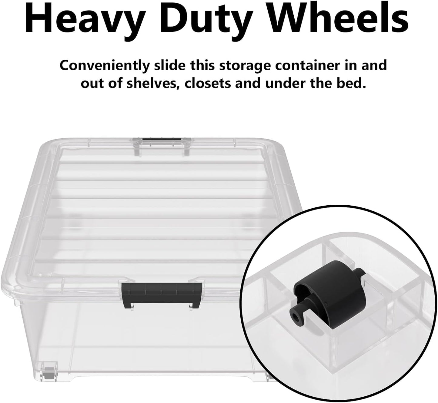 50 Quart Multipurpose Under Bed Storage Container Bins with Secure Latch Lid & Wheels, Underbed Storage Organizer Box, 3-Pack, Clear