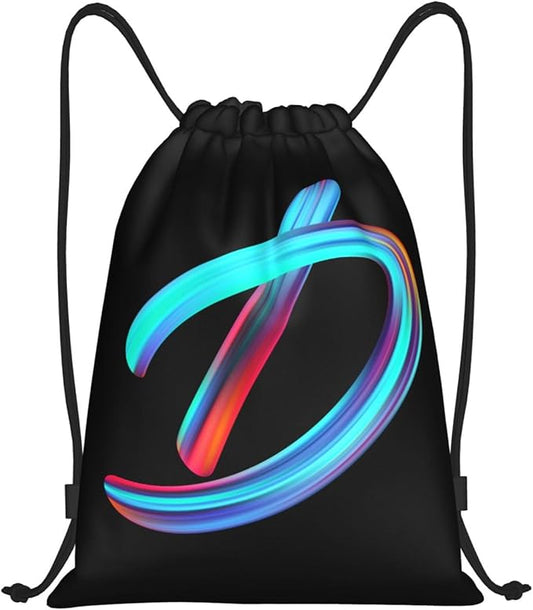 Drawstring Bags Initial Drawstring Backpack Sackpack Black Draw String Cinch Bags for Sports, Gym, Travel, Swimming, Beach, Camping, Rainbow Letter D