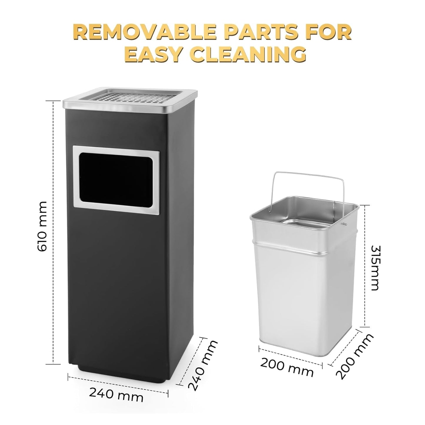 Trash Can Outdoor Waste Container Square Stainless Steel Trash Can with Removable Inner Bucket for Disposal Commercial Waste Container 9.45‘’ x 9.45‘’ x 24.02‘’-Black