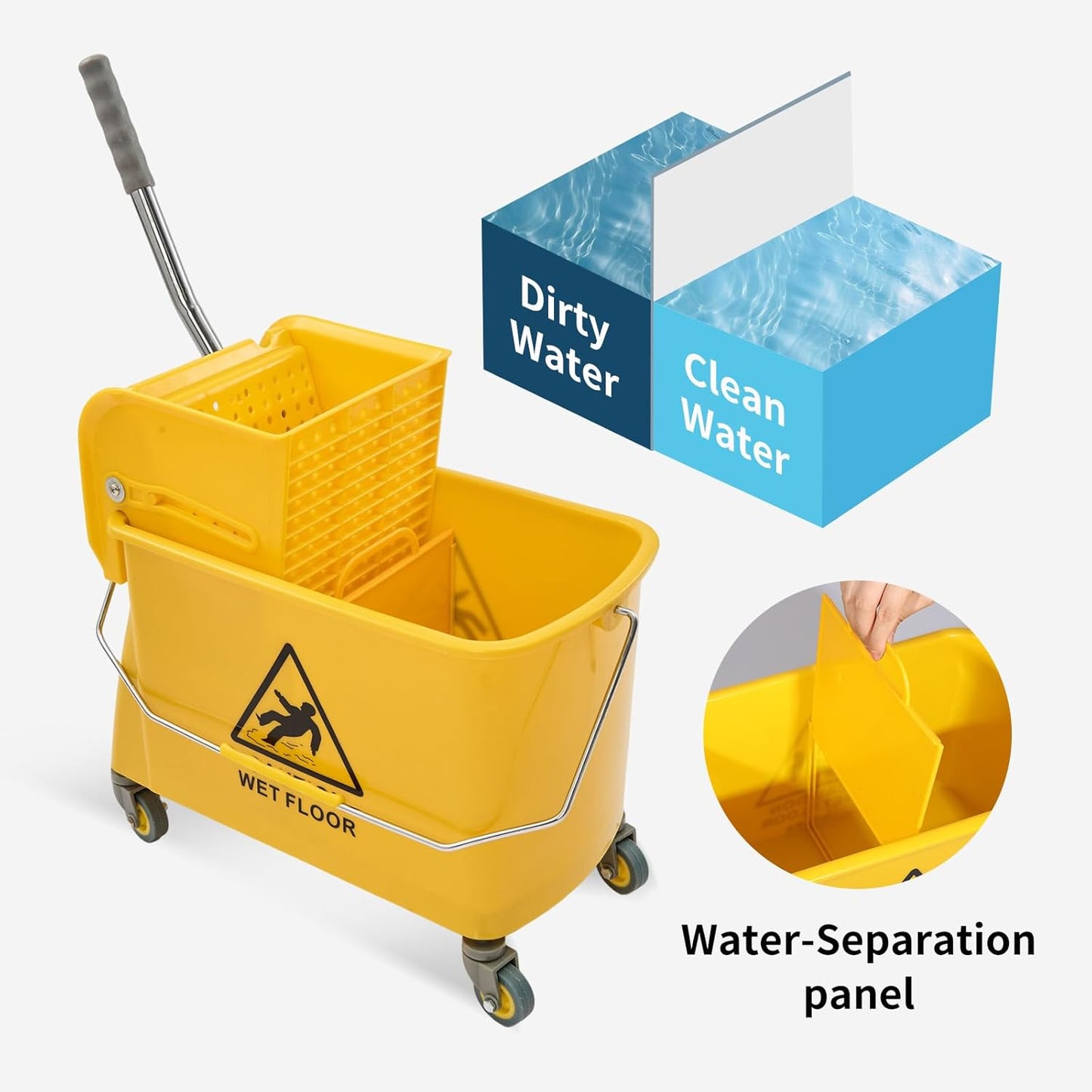 22 Qt (5.5 Gallon) Mop Bucket with Wringer for Floor Cleaning, Handle, Wheels, 16.5" L x 10.6" W x 26.4" H, Yellow,Add One Loop-end String Mop