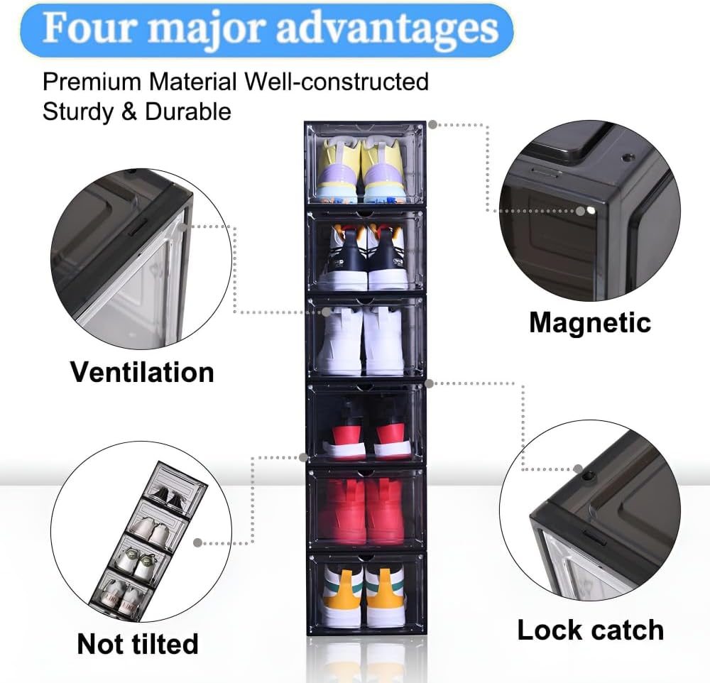 8 Pack Shoe Boxes Clear Plastic Stackable, Drop Front Shoe Storage Organizer for Closet, Sneaker Storage with Magnetic Door, Shoe Display Containers Fit US Size 12(13.4”x 10.6”x 7.5”) Black