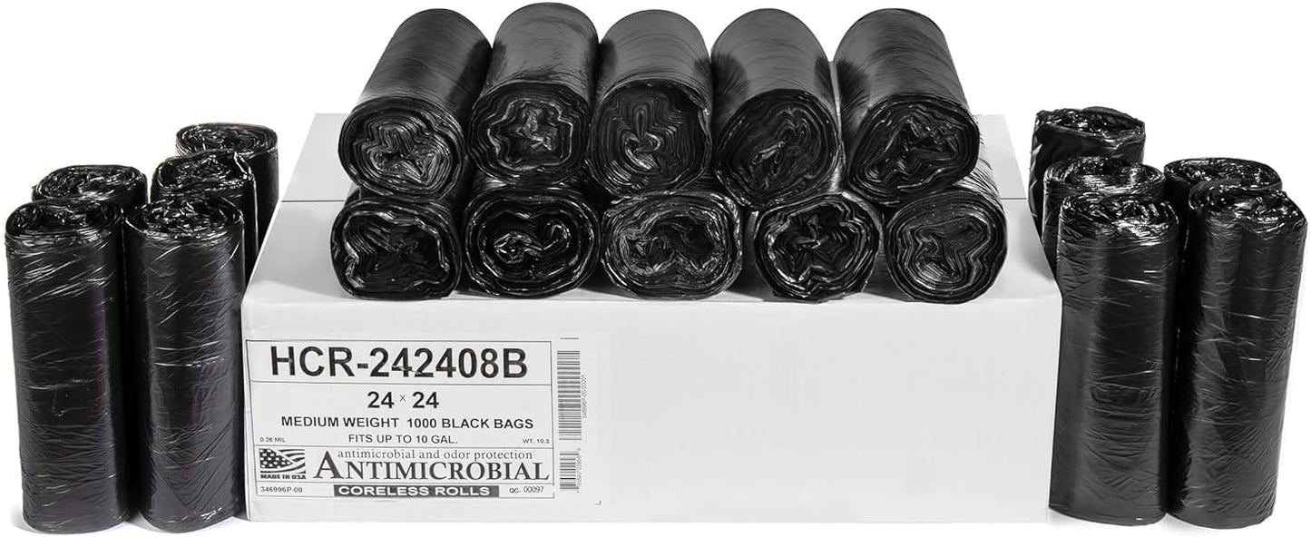 Aluf Plastics High Density Trash Bags, 10 Gallon, 1000 Count, 8 Micron (eq), 24" x 24", Black, for Bathroom, Office, Industrial, Commercial, Janitorial, Municipal, Recycling