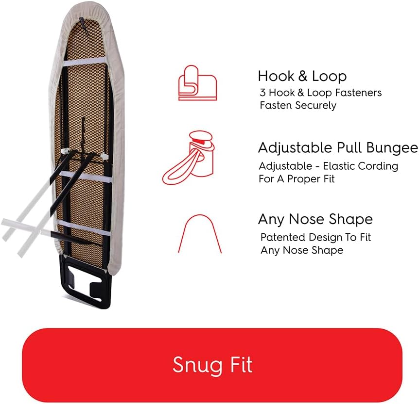 TIVIT Ironing Board Cover 16 x 55 Standard Chemical Free Eco-Friendly Padded Covers - Unbleached, Untreated Natural Cotton & Wool Pad - 2 Layer, 3 Fastener Straps, Pull Bungee Cord - Made in Italy