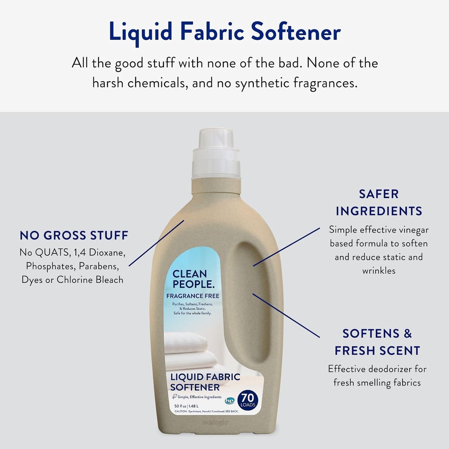 The Clean People Liquid Fabric Softener - Softens & Removes Static Cling - Vegan (50 Fl Oz, Fragrance Free)