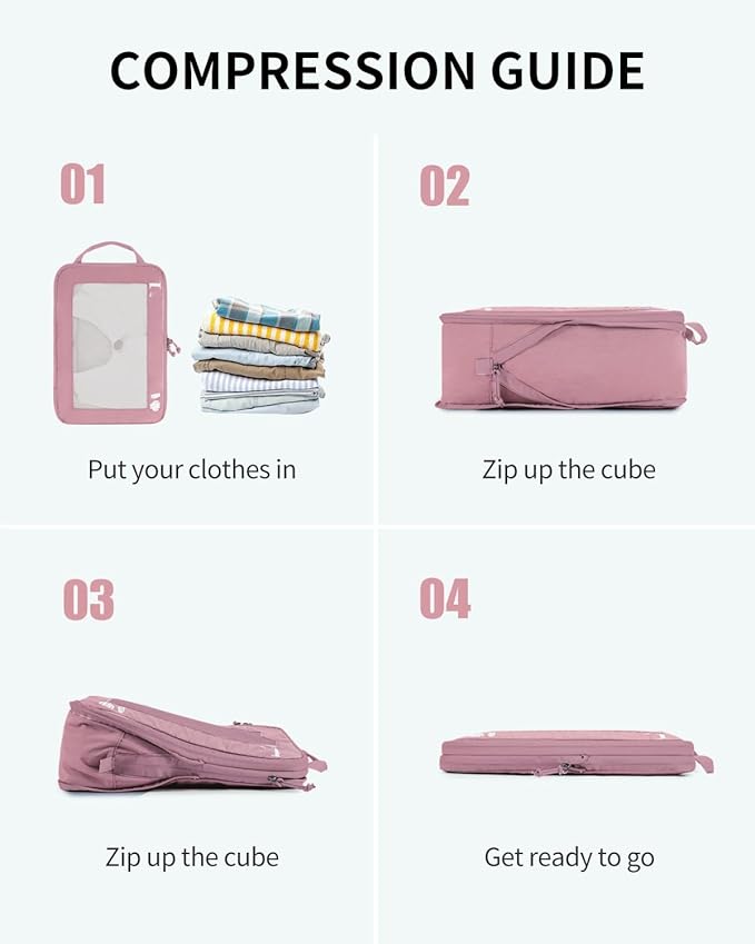 ECOHUB 5 Set Compression Packing Cubes for Suitcases Organiser Bags Set Travel Essentials with Shoe Bag for Traveling Tear-resistant Travel Accessories with ID Tag Expandable Packing Bags(Pink)