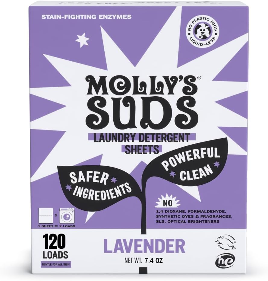 Molly’s Suds Laundry Detergent Sheets | Gentle on Sensitive Skin, Powerful Bio-Based Enzymes, Stain-Fighting | Liquidless & Plastic-Free Packaging | 120 Loads (Lavender)