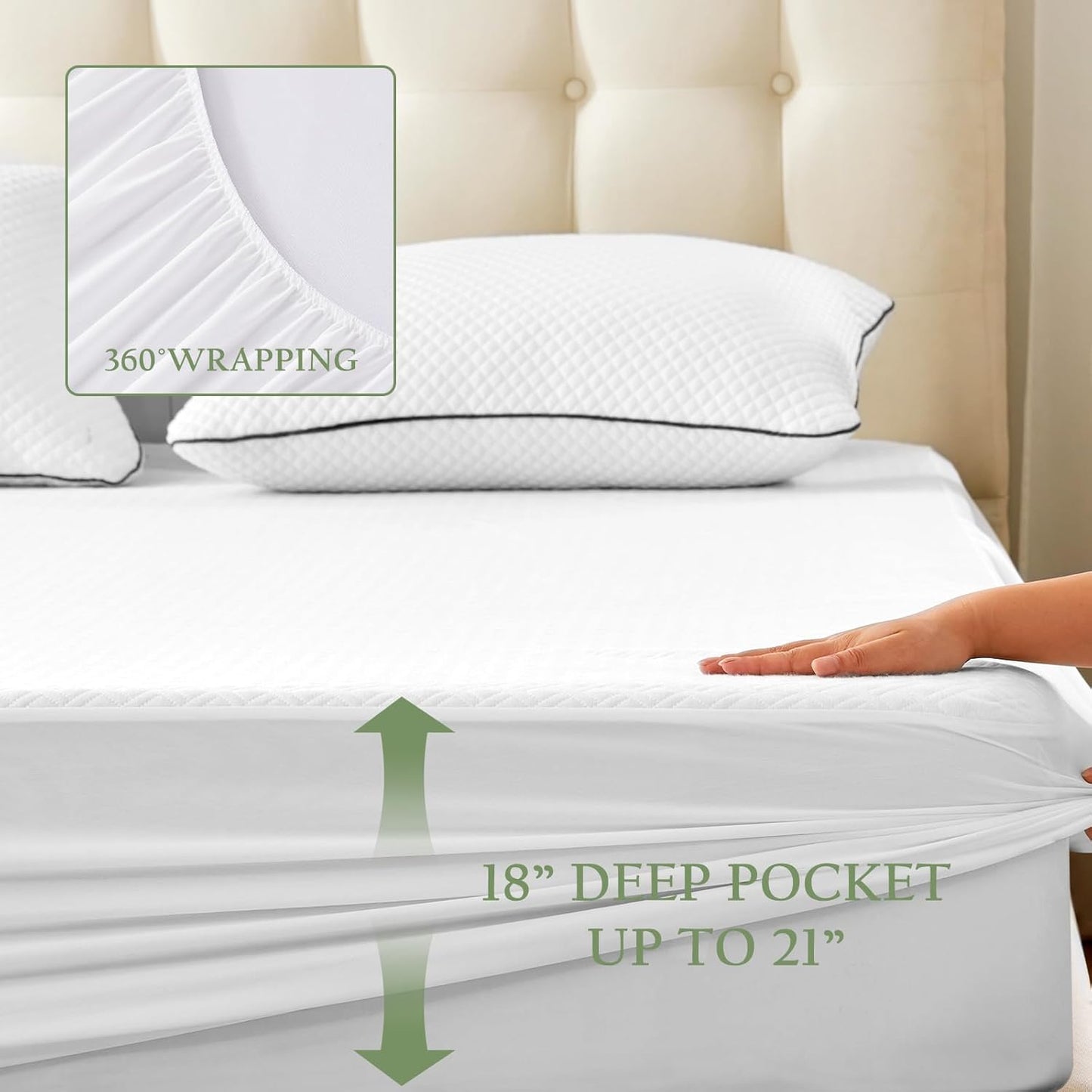 100% Waterproof Queen Mattress Protector, Breathable Bamboo Rayon Mattress Cover with 8”-21” Deep Pocket, Noiseless Cool 3D Air Mattress Cover, Hypoallergenic & Odor Resistant