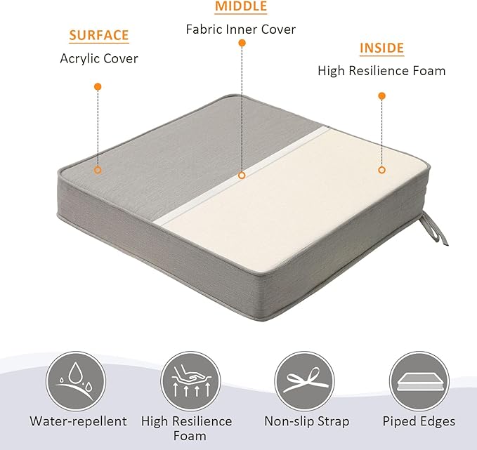 Sunbrella Square Corner Seat Cushions, 18.5" x 16" x 3", Set of 4, Indoor Outdoor Water Repellent Universal Chair Pads with Ties for Patio Furniture, Garden Dining Chairs, Specrtum Pebble