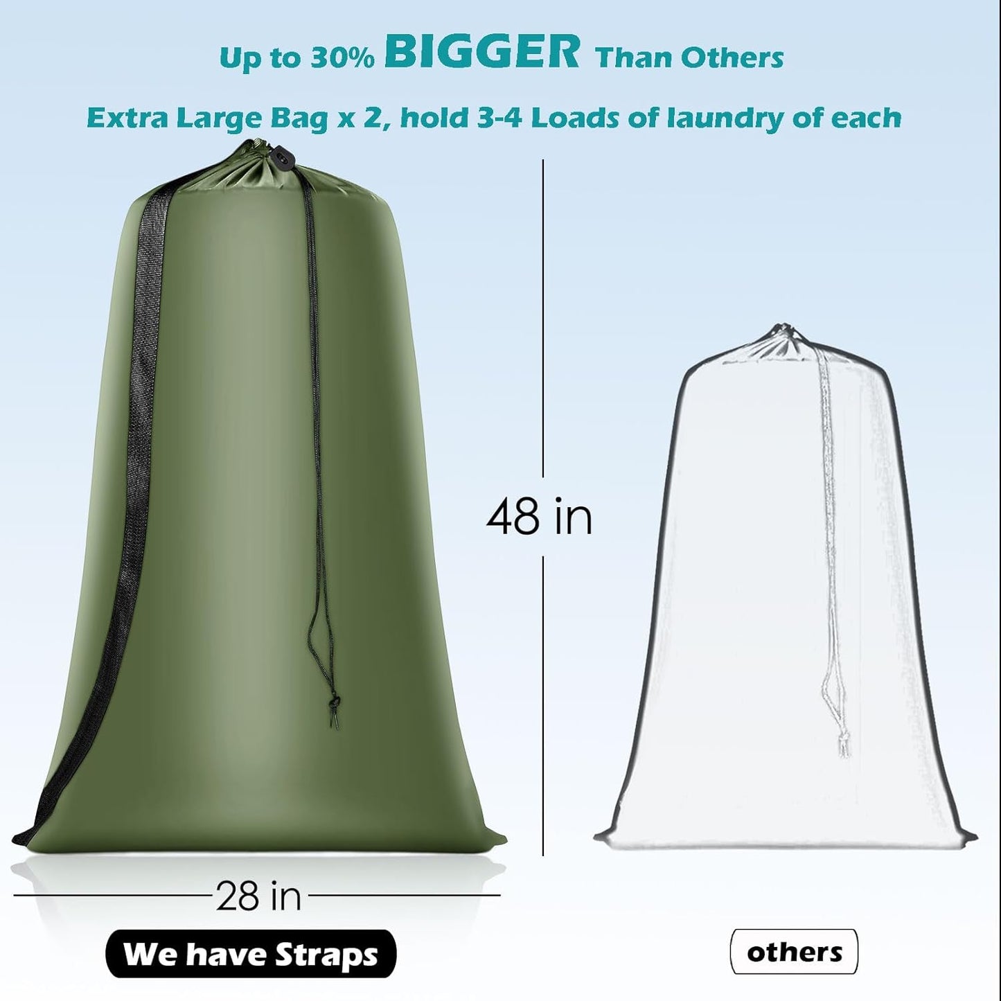 Heavy Duty Laundry Bag 2 Pack XL Nylon Laundry Bags with Straps, Washable Large Dirty Clothes Organizer with Drawstring Closure, Travel Washing Bag Fit a Laundry Hamper or Basket