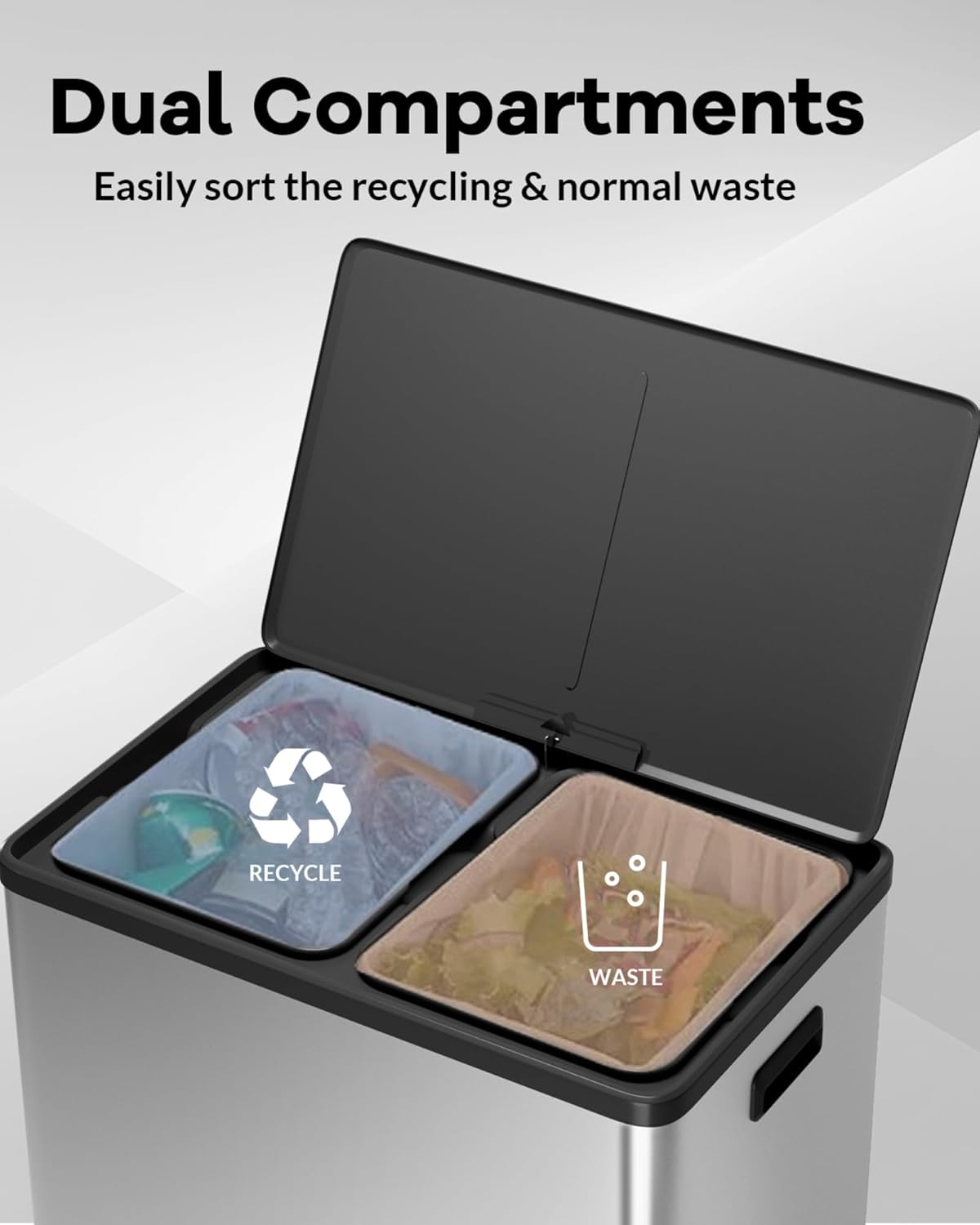 Garvee Dual Trash Can for Recycling and Trash, 2 x 30 L (60 L) Stainless Steel Kitchen Trash Can with Lid and Foot Pedal, Double Compartment Garbage Can, with Recycling Bin, 2 x 8 Gallon