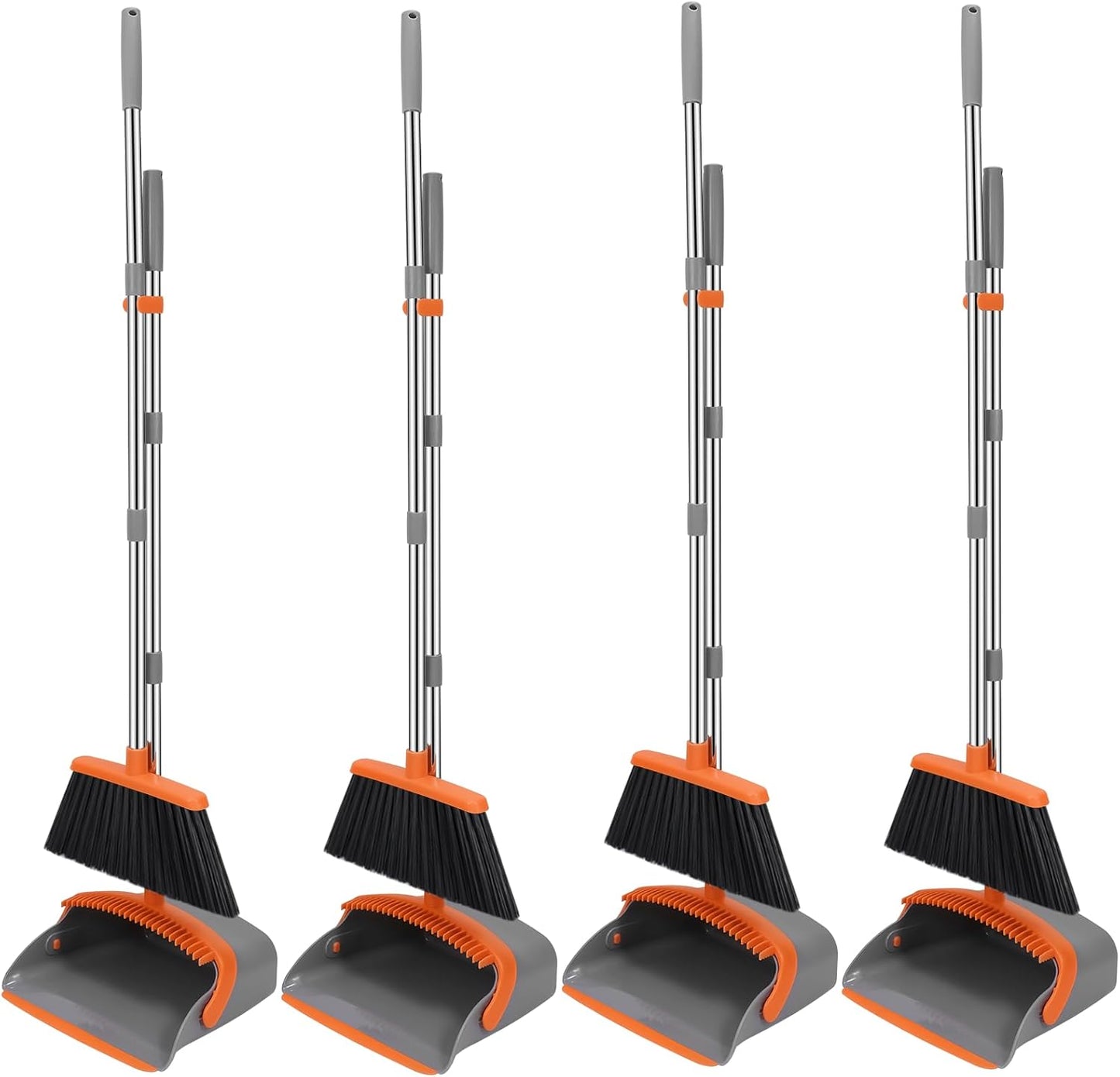 NACENA Broom and Dustpan Set, 52-in Long Adjustable Handle Broom Dustpan Combo with Dustpan Teeth to Automatically Clean Hair Suitable for Home Kitchen Office Hall Floor (Grey&Orange), 4 Pack