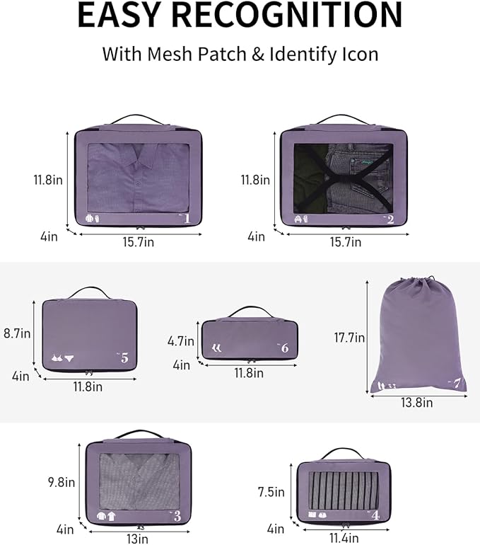 ECOHUB 7 Set Packing Cubes Tear-Resistant Luggage Packing Organizers with Number Icon for Travel Accessories Luggage Suitcase Machine Washable Packing Cubes (Purple)