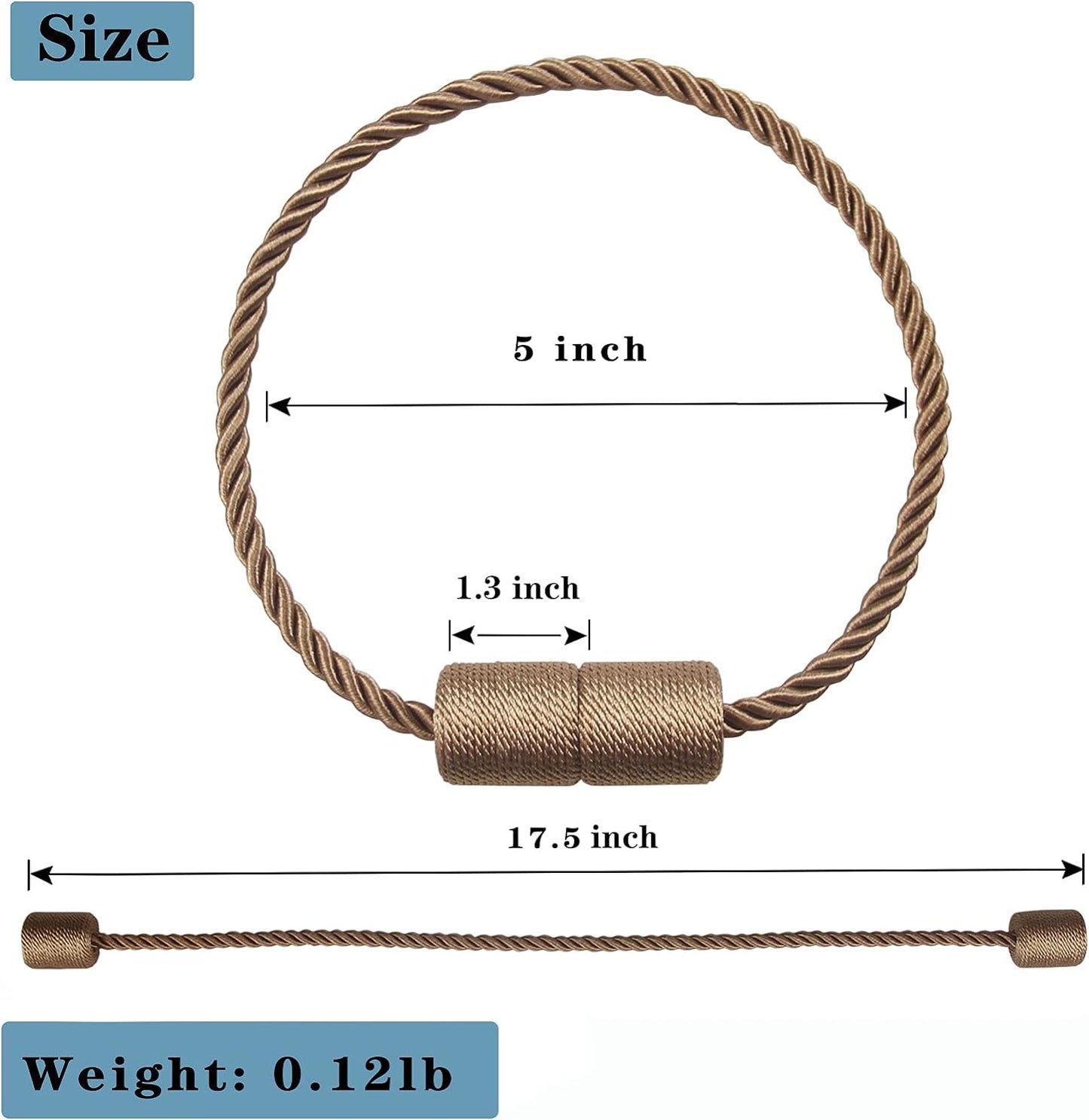 2 Pack Strong Magnetic Curtain Tiebacks Outdoor Elegant Decorative Tie Backs Modern Rope Tiebacks for Drapes Window Curtain Holdbacks for Draperies- Khaki