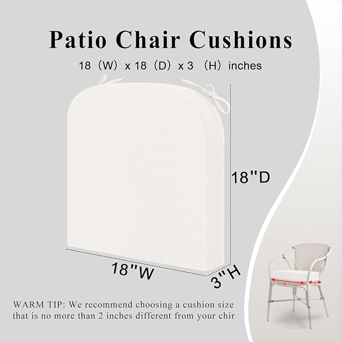 Outdoor Chair Cushions Set of 2, Waterproof Foam Patio Seat Cushions with Ties for Garden Sofa & Dining Furniture, 3-Year Color Fastness, 18x18x3 Inch, Beige