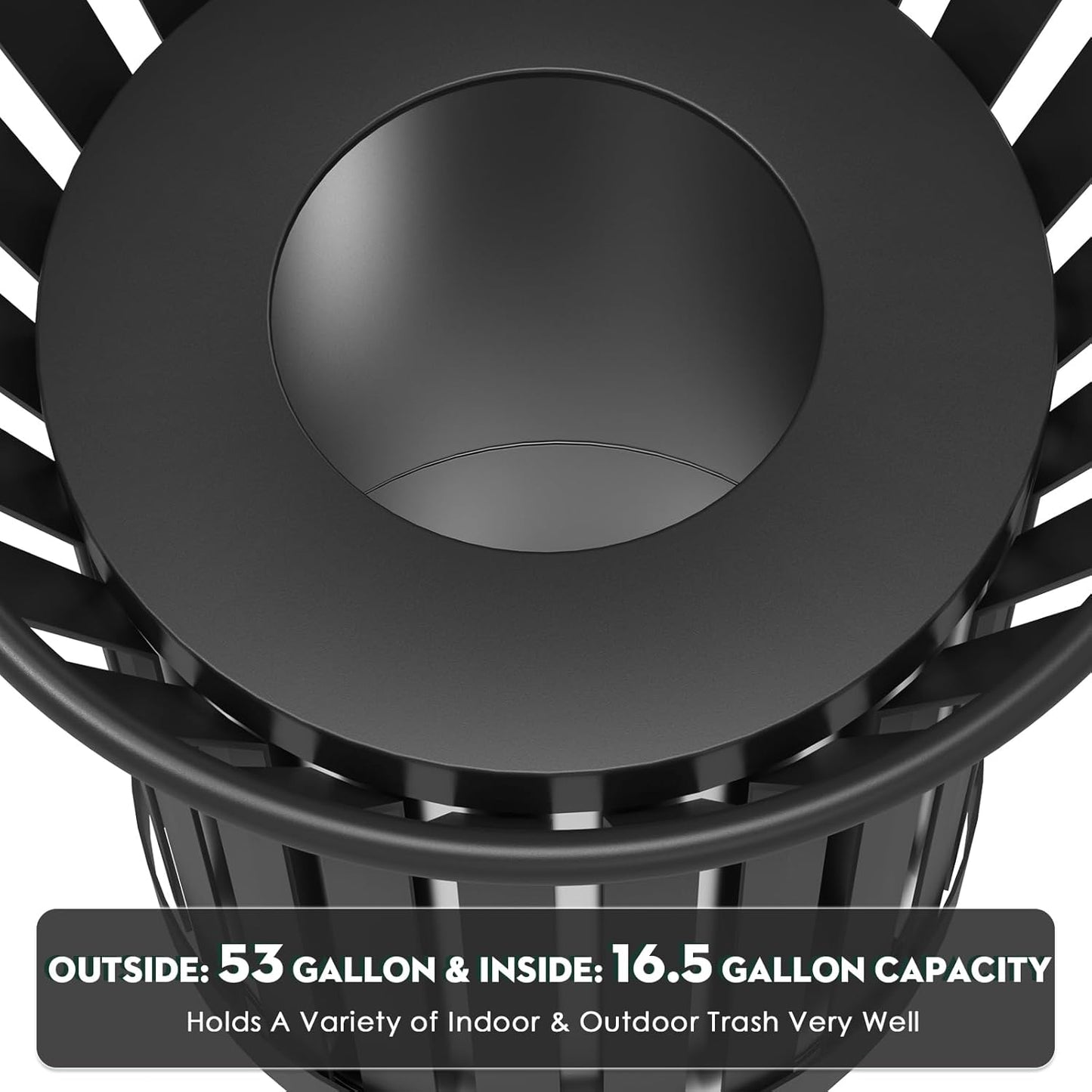 17Gallon Round Large Outdoor Trash Can, Heavy Duty Metal Slatted Garbage Can Outdoor, All Weather Resistant Commercial Garbage Cans, Waste Receptacle in Park, School, Beach, Patio (Black, Large)