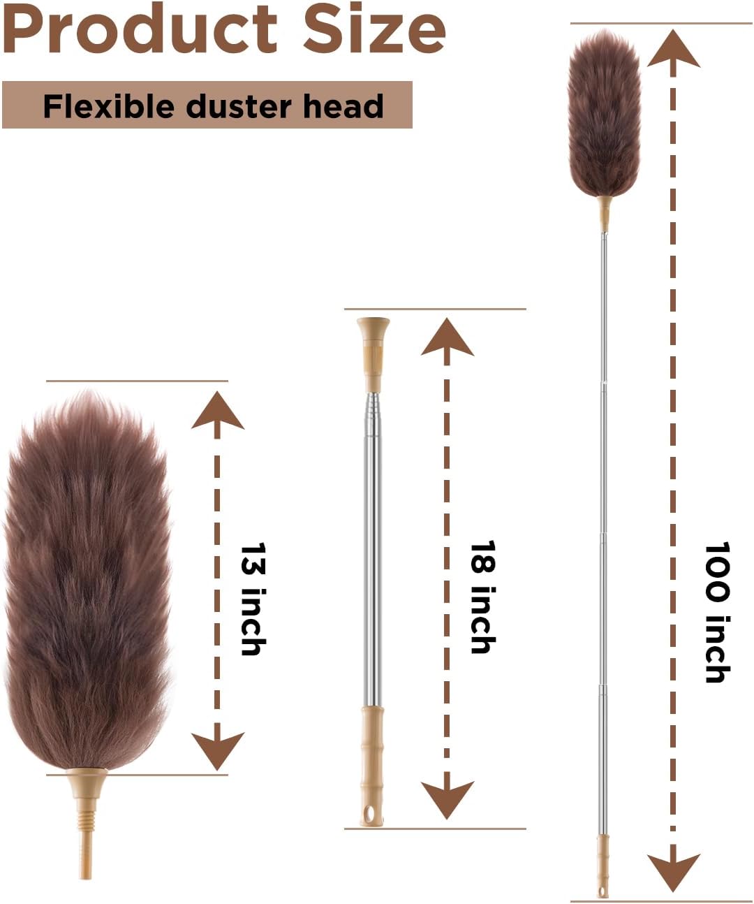 Extendable Lambswool Duster 30-100 Inch, Stainless Steel Long Handle Duster, Natural Feather Duster for Cleaning High Ceilings, Fans, Bookshelves, Interior, Cars