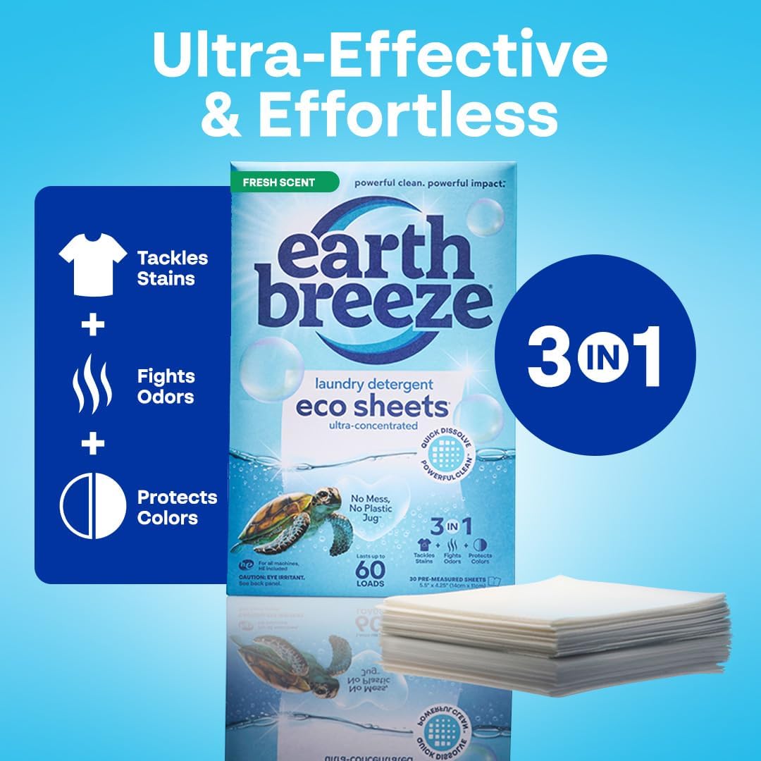 Earth Breeze Laundry Detergent Sheets Fresh Scent - 60 Loads Eco Liquidless Soap - Travel-Friendly for Hot & Cold Cycles, Tackles Tough Stains & Odors - Gentle on Skin, 30 Ct