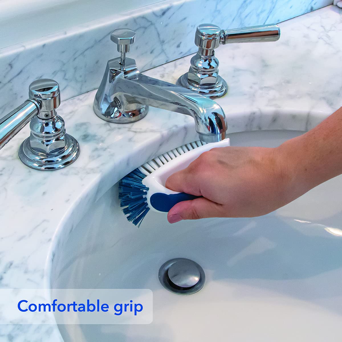 Unger Multi-Purpose Counter and Fixture Scrub Brush, Non-Slip Small Household Cleaning Supplies, Removes Dirt and Grime from Bathroom Sinks, Kitchen Countertops, and Faucets