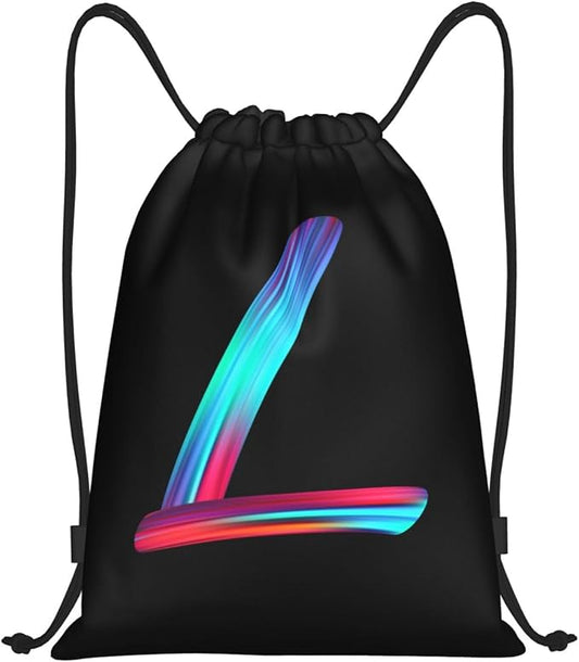 Drawstring Bags Initial Drawstring Backpack Sackpack Black Draw String Cinch Bags for Sports, Gym, Travel, Swimming, Beach, Camping, Rainbow Letter L