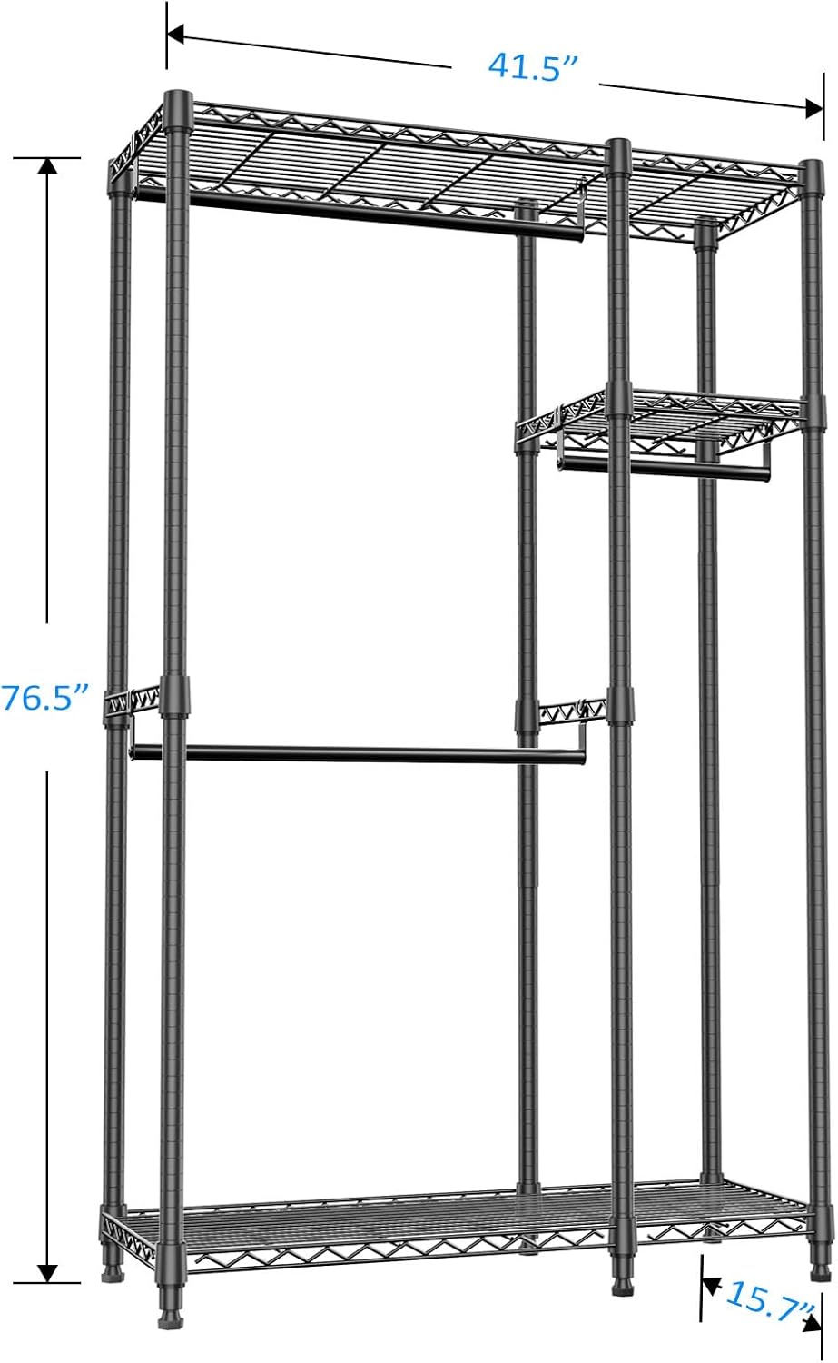 IZEUK 2 Combination Heavy Duty Garment Rack Wire Clothes Rack for Hanging Clothes, Metal Freestanding Closet Wardrobe Rack with 3 Rods Black 15.7" D x 43.3" W x 76.5" H