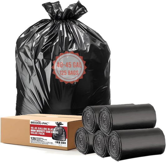 40-45 Gallon Lawn & Leaf Trash Bags, 125 Count Bulk, Black Garbage bags, Multi-purpose Trash Can Bin Liners for Home Commercial, Outdoor, Construction, Industrial