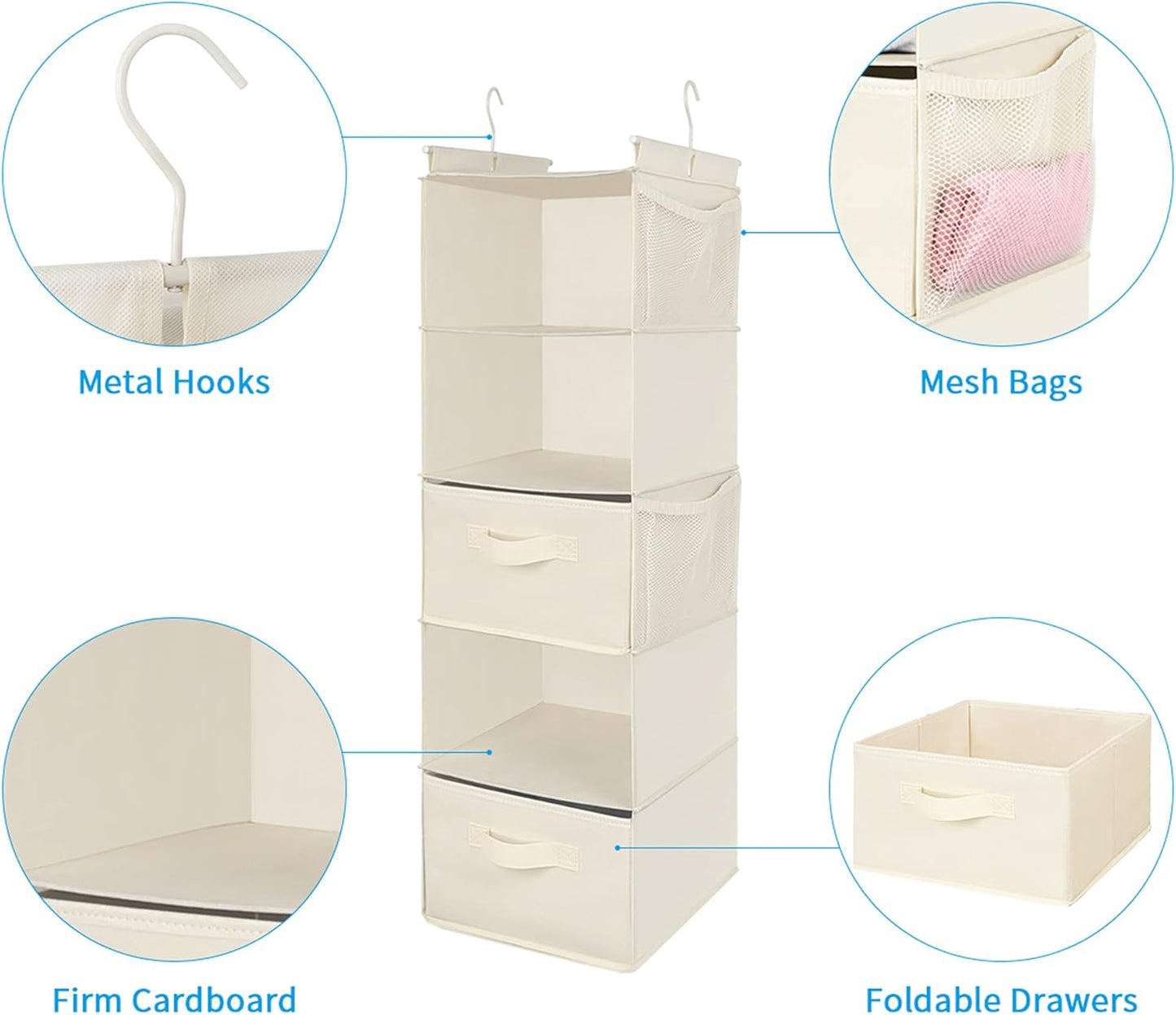 MAX Houser 5 Tier Shelf Hanging Closet Organizer, Cloth Hanging Shelf with 2 Sturdy Hooks for Storage, Foldable (Beige-D2)