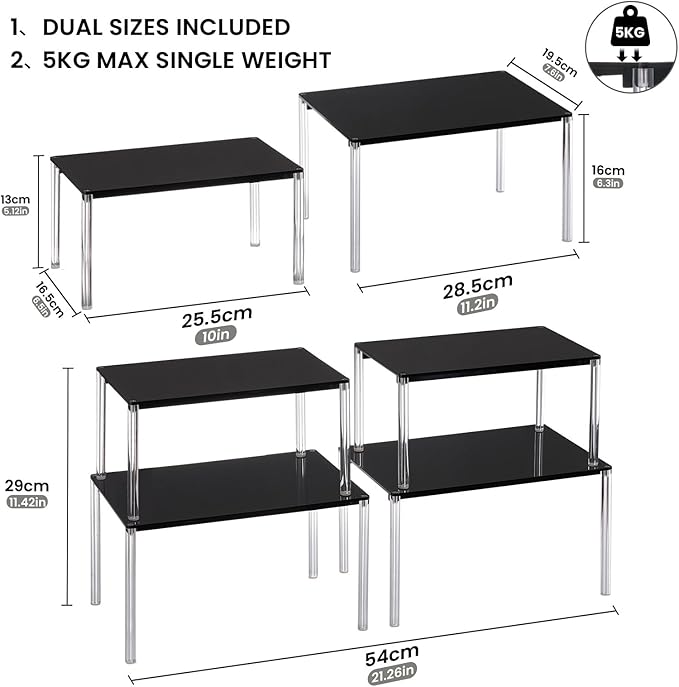 4 Pack Stackable & Expandable Acrylic Spice Rack, Black Shelf Riser for Kitchen Cabinet, Pantry, Countertop, Bathroom & Office Storage