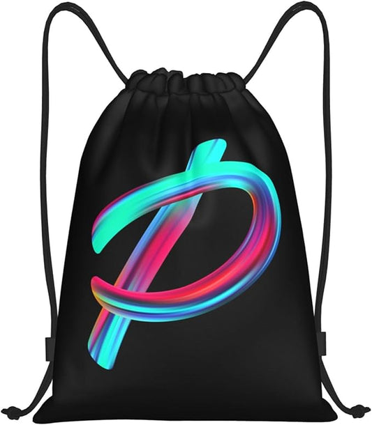 Drawstring Bags Initial Drawstring Backpack Sackpack Black Draw String Cinch Bags for Sports, Gym, Travel, Swimming, Beach, Camping, Rainbow Letter P