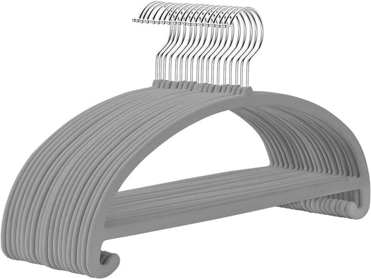MIZGI 50 Pack Gray Velvet Hangers - No Shoulder Bumps, Heavy Duty Non-Slip Chrome Hooks for Jackets, Coats, Pants