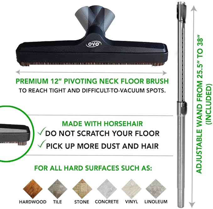 OVO Central Vacuum Deluxe Plus Kit, 30ft ON/Off Low-Voltage Hose, Air Driven Carpet Beater, 12’’ Premium Floor Brush, Cleaning Tools and Easy Storage Accessories