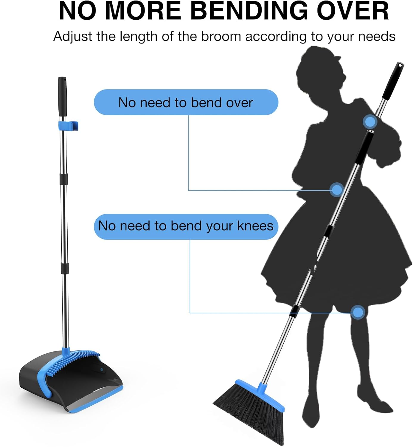 NACENA Broom and Dustpan Set, 52-in Long Adjustable Handle Broom Dustpan Combo with Dustpan Teeth to Automatically Clean Hair Suitable for Home Kitchen Office Hall Floor（Black&Blue）