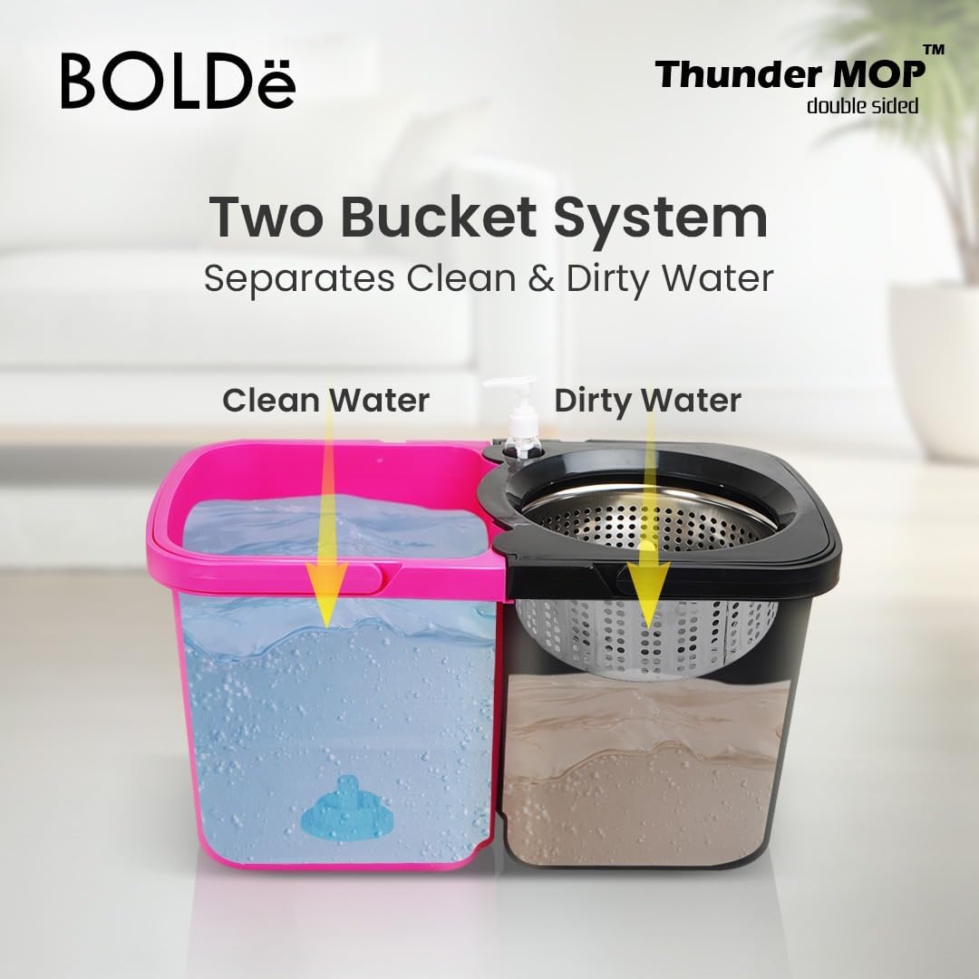 Thunder Mop Spin System - 2 Compact Stackable 6L Buckets, Microfiber Head, Stainless Steel Wringer, Antifungal Quick-Dry Cleaning, Soap Dispenser, 3 Free Refills (Yellow/Blue)
